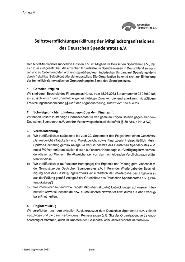 Selbstverpflichtungserklärung der MitgIiedsorganisationen des Deutschen Spendenrates e.V. 2023