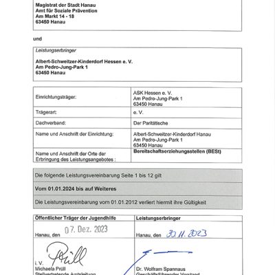 Leistungsvereinbarung Bereitschaftserziehungsstellen BESt