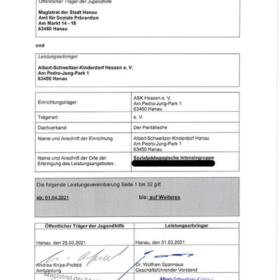 Leistungsvereinbarung Sozialpädagogische Intensivgruppe Hanau
